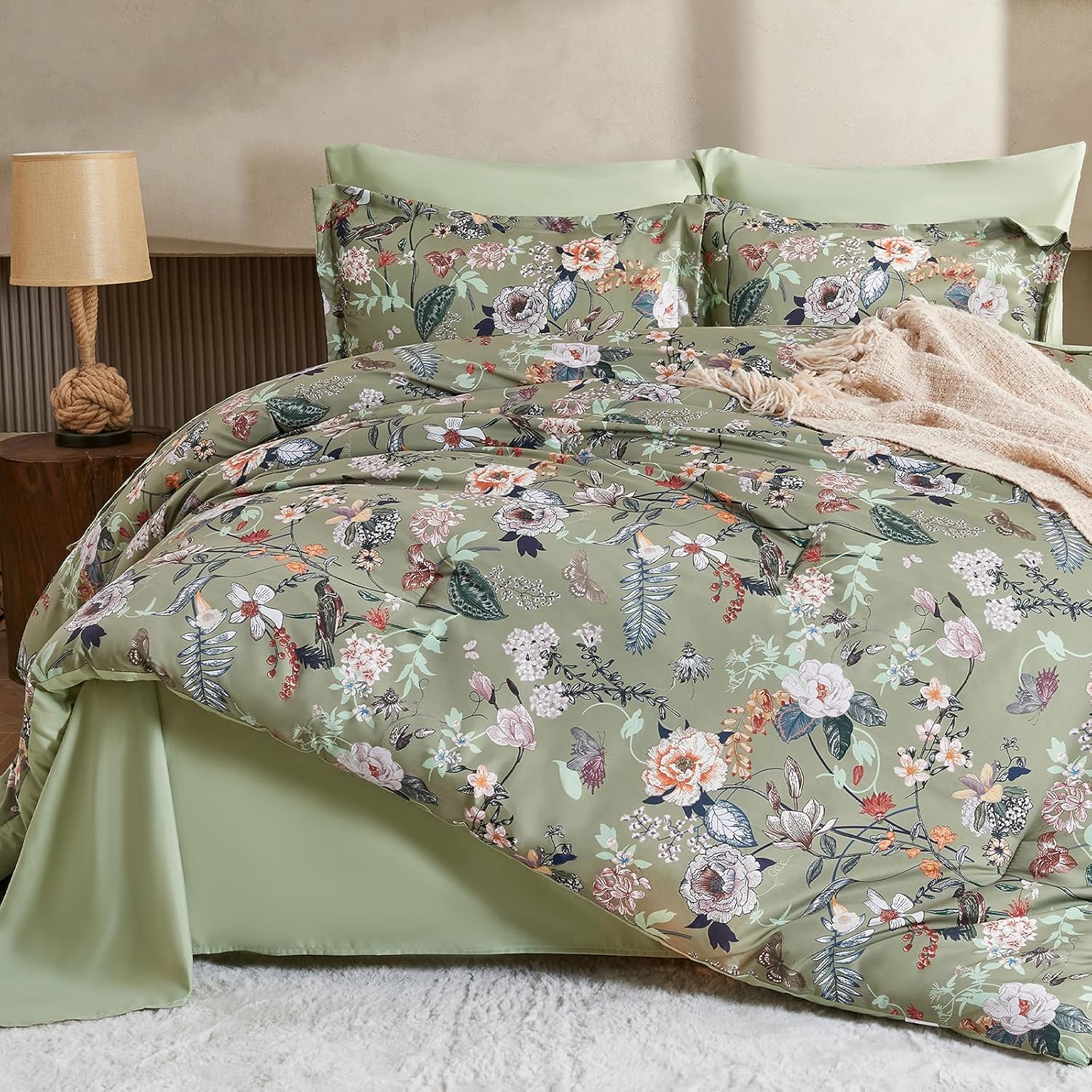 7 Piece Queen Comforter Set, Sage Green Butterfly Floral Comforter Set with Flowers Leaves Pattern, Soft Microfiber Complete Bedding Set for All Season(Sage Green, Queen)