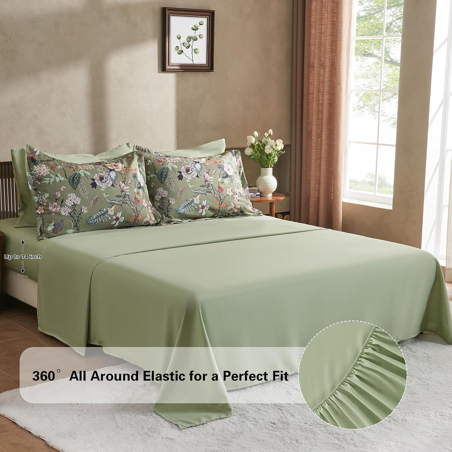 7 Piece Queen Comforter Set, Sage Green Butterfly Floral Comforter Set with Flowers Leaves Pattern, Soft Microfiber Complete Bedding Set for All Season(Sage Green, Queen) - Image 4