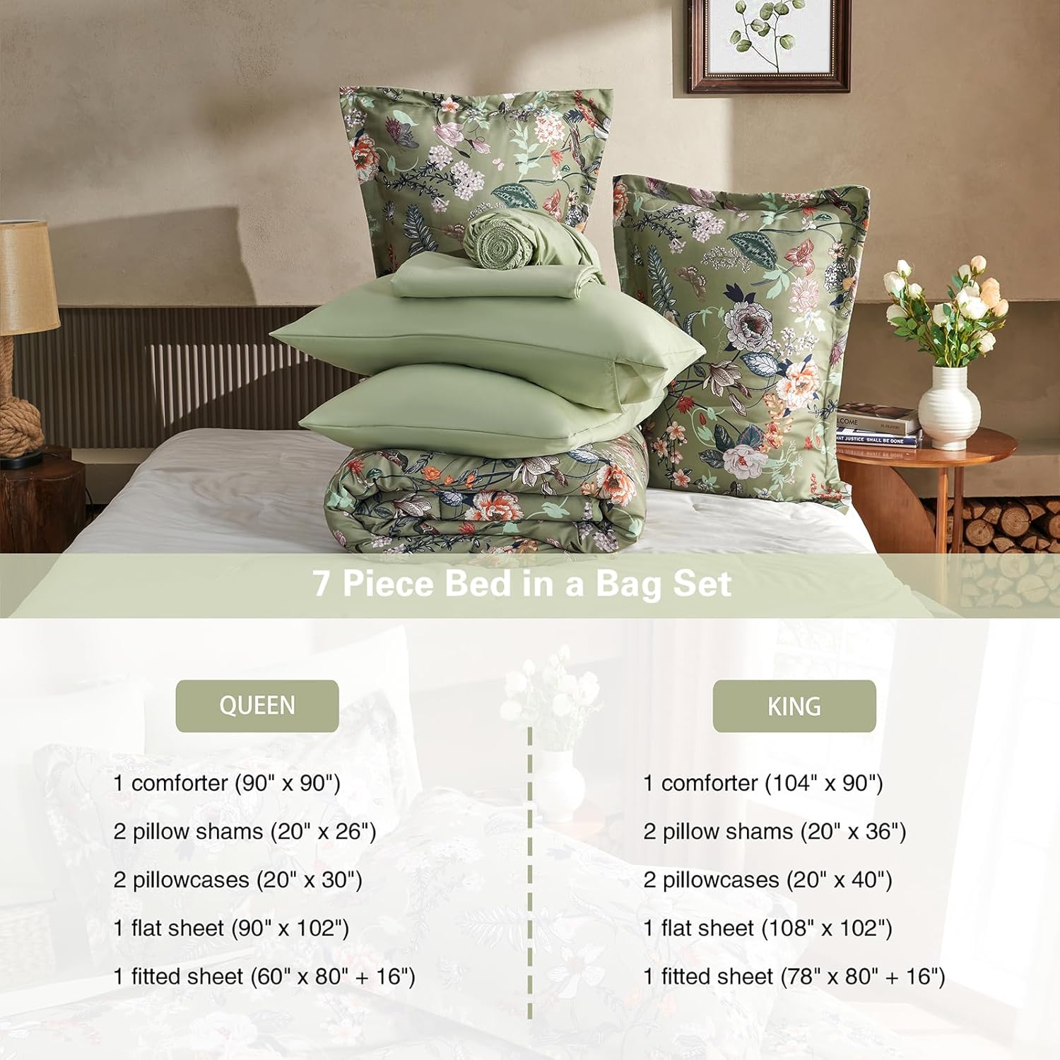 7 Piece Queen Comforter Set, Sage Green Butterfly Floral Comforter Set with Flowers Leaves Pattern, Soft Microfiber Complete Bedding Set for All Season(Sage Green, Queen) - Image 7